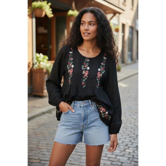 American Eagle Outfitters Tops - American Eagle Blouse Black  Embroidered Floral Open Back Neck Tie Size Small